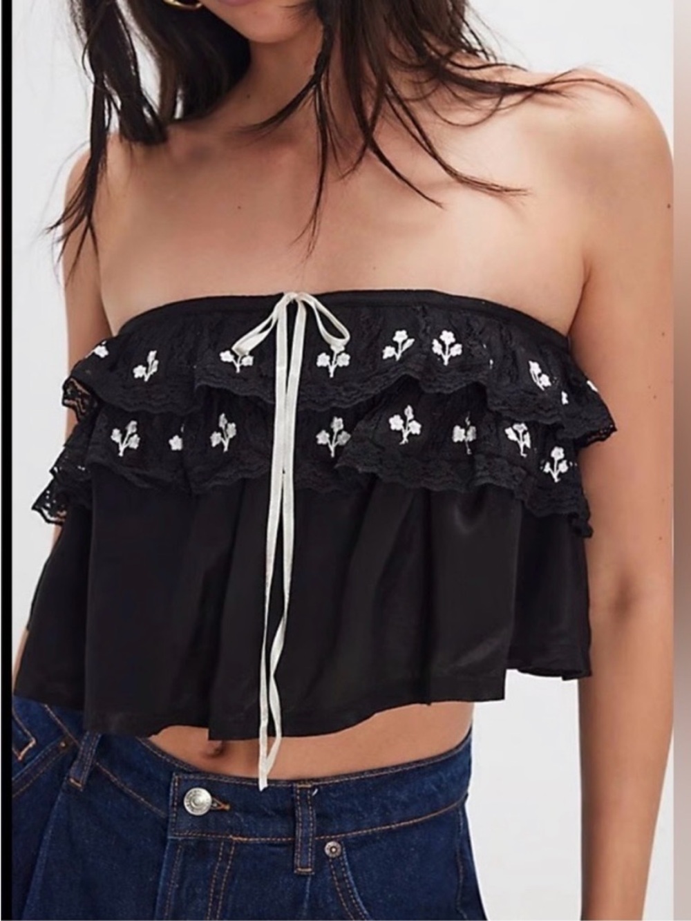 Free People Tailia embroidered tube top black ivory flowers Size Large